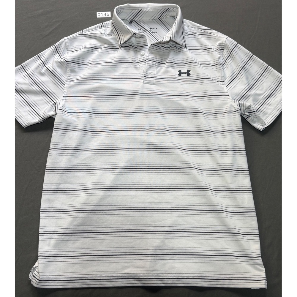 Under Armour Mens HeatGear Polo Shirt White Black Striped Short Sleeve Medium